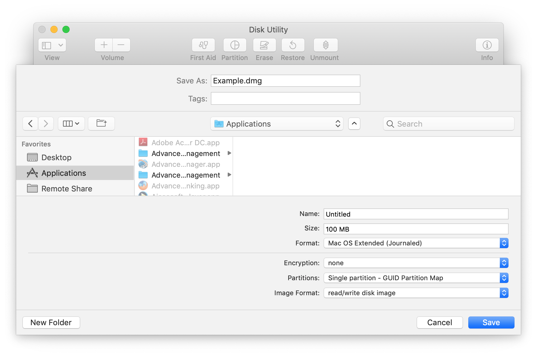 use disk utitlity to prepare .dmg file on mac